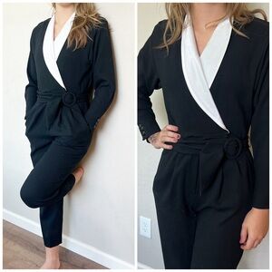 Vintage 90s Black Wool Womens Tuxedo Jumper One Piece Formal Cocktail Romper 4